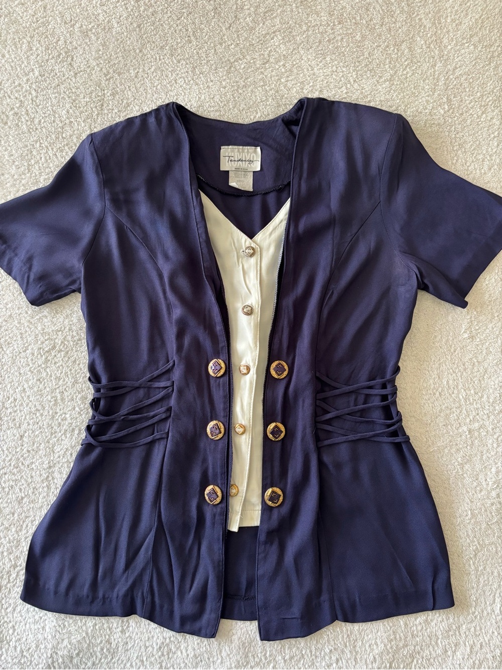 Vintage Tendency Women’s Navy and Cream Short Sleeve Button-Front Blouse